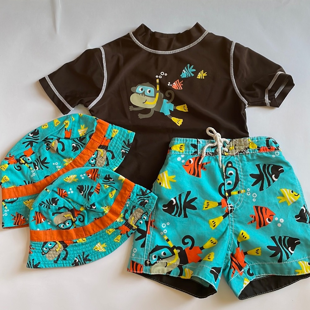 Carter’s boys swim trunks, swim shirt, and two beach hats
